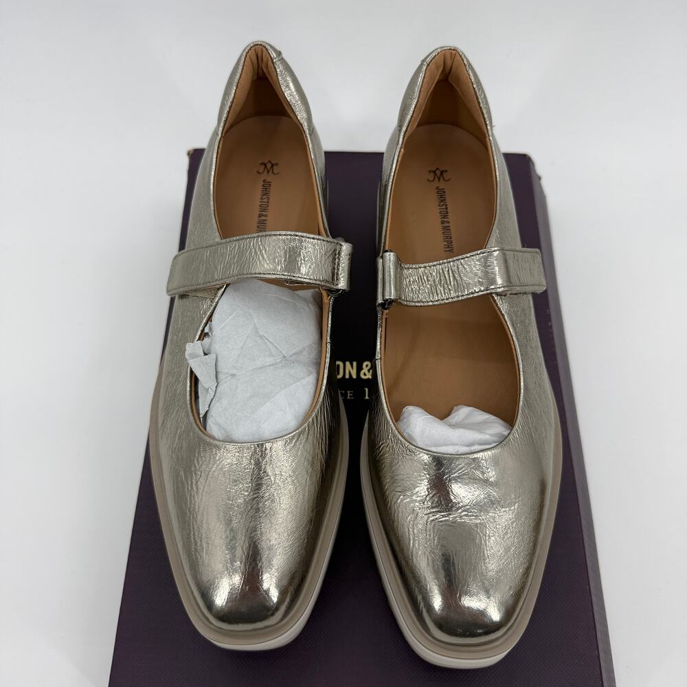 New JOHNSTON & MURPHY Gracelyn Gold Crinkle Mary Jane Size 9 Platform Shoe Shiny
